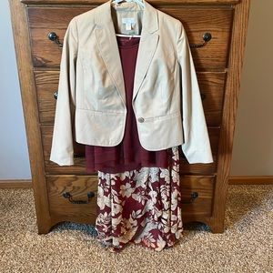 Red and tan outfit jacket tank blous and skirt